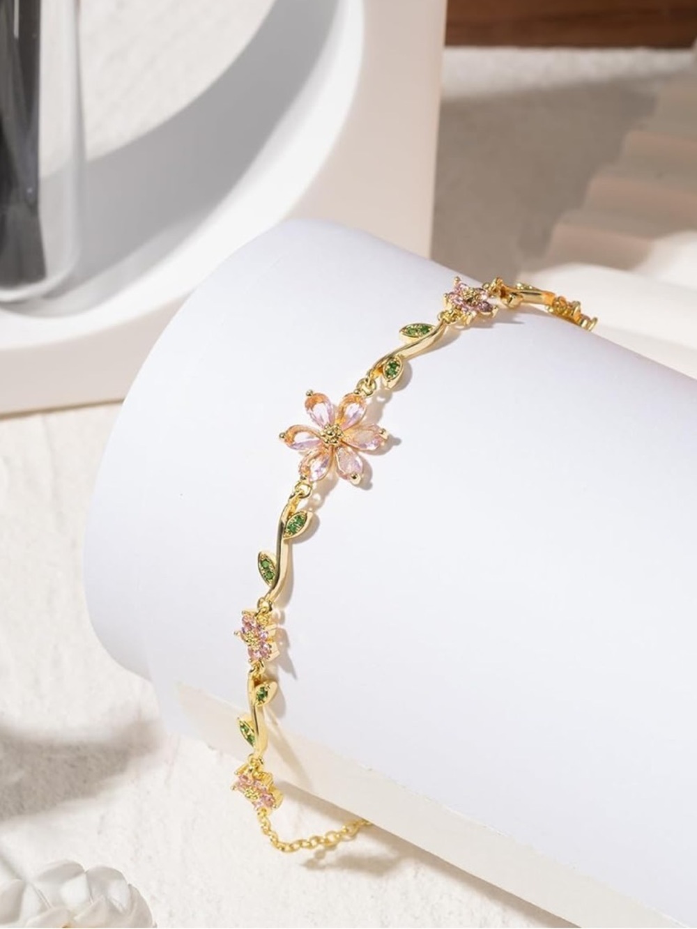 Anthropologie Gold Pink Green Floral Bracelet